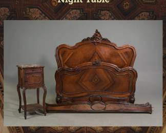 Finely Carved French Louis XV Mahogany Bed and Marble Top Night Table