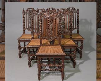 Louis XIII French Twist Finely Carved Oak Dining Chairs