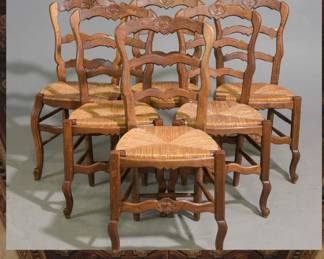 French Louis XV Rush Seat Oak Dining Chairs