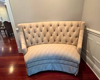 Chairs & Bench are all custom by: MARGE CARSON
CHECK OUT ~~~ The Leather + Upholstered Fabric on the Chairs & Benches. Along with the Brass studding.