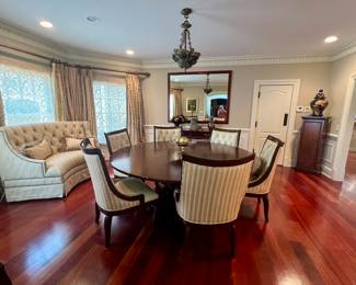 CENTURY for Oscar de Larenta.  Circular ‘PIE’ DINING ROOM TABLE.  The leaves are cut like a pie and ingeniously you are able to take out as many or as little as needed to make this unique fit!  I will be getting a closer shot of the top of the table to show you exactly how it works. Absolutely amazing.