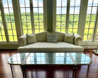 Custom sofa with simply Gorgeous Fabric along with a Lillian August for Hickory SilverSpeckled Mirrored Glass coffee + side tables combo ~~~ another Special piece.  This Estate is filled with so many Beautiful pieces!