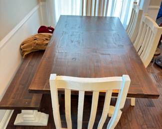 Farmhouse dining room table with bench and chairs