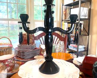 Black glass candelabra w/crystals
