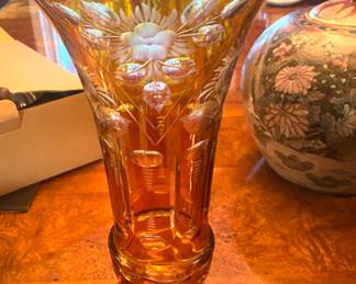Large 1930's cut-to-clear amber glass vass