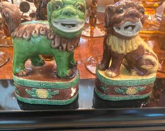 19th C. glazed foo dogs on pedestals w/key border