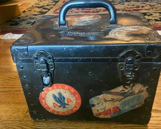 1940s Fiberbilt United Artists Corp. metal film case w/old travel stickers
