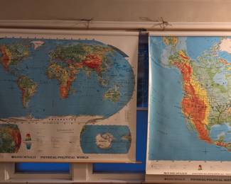 Vintage classroom pull down maps, Worldview  and double map of the Americas