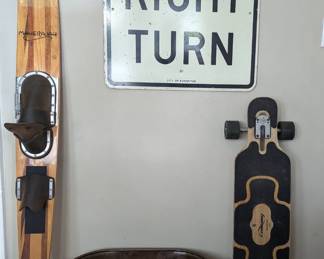 Longboard, single ski and vintage sign. Oh and copper thing. Pretty!