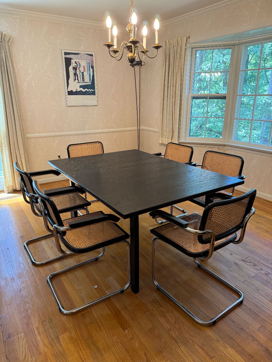 A.B.J. Black Teak Dining Table Made in Denmark (43"W x 28-1/2"H x 43-1/2"L with 2 Leaves 17-1/2"L each) with Breuer Caned Cesca Armchairs (7 total)