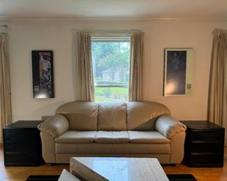 Soft Line Group Furniture Beige Leather 3 Seat Sofa (36"D x 84"W x 28" Back Height) & Lorentz Design Inc. 3 Drawer End Tables / CD Drawers ( 17"D x 19"W x 23"H, 4 Total)