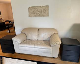 Soft Line Group Furniture Beige Leather Loveseat (36"D x 64"W x 28" Back Height) & Lorentz Design Inc. 3 Drawer End Tables / CD Drawers ( 17"D x 19"W x 23"H, 4 Total)
