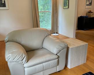 Soft Line Group Furniture Beige Leather Armchair (36"D x 46"W x 28" Back Height) & Mid-Century Travertine Side Table (19-1/2"W x 19-1/2"D x 19-1/2"H)