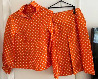 Women's Vintage Orange & White Polka Dot Long Sleeve Shirt with Matching Skirt Size S