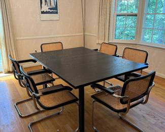 A.B.J. Black Teak Dining Table Made in Denmark (43"W x 28-1/2"H x 43-1/2"L with 2 Leaves 17-1/2"L each) with Breuer Caned Cesca Armchairs (7 total)