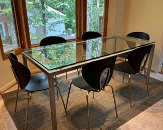 Lifted Glass with Steel Base Rectangular Dining Table (31-1/2"W x 71"L x 29-1/2"H) & STUA Globus Chair Model 200 Designed by Jesus Gasca (6 Total)