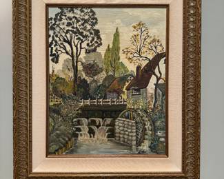 Framed Original Oil on Canvas of Water Wheel Signed Happy 