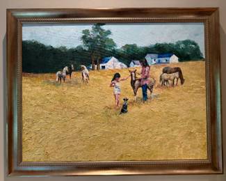 Framed Original Oil on Canvas of Children in a Field (46"W x 35"H)