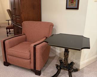 Art Deco Upholstered Wood Detail Armchair (35"W x 35"D x 33" Back Height) & EJ Victor Furniture Newport Historic Collection Ebonized Side Table (24"W x 24"D x 27"H)