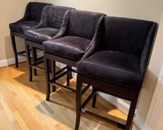 Ballard Designs Black Suede Marcello Bar Base Brass Nailhead Swivel Seat Bar Stools (4 Total)