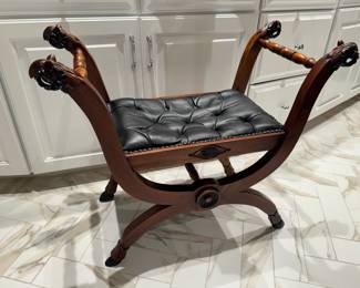 Vintage Rams Head Leather Seated Bench 
