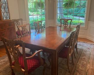 Drexel Rectangular Dining Table (45"W x 29"H x 75"L with 3 Leaves 20"L each) & Antique Clawfoot Upholstered Seat Dining Chairs (2 Armchairs, 6 Side Chairs)