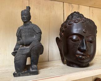 Bronze Kneeing Archer & Hollowed Bronze Buddha Head