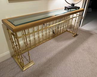 Erwin-Lambeth Brass Fender / Glass Top Console Table (15"D x 66"W x 28"H)