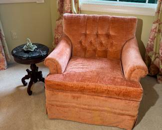 Vintage Pink Tufted Velvet Armchair (33"W x 32"D x 28-1/2" Back Height) & Antique Marble Topped Side Table (14"D x 18"H)