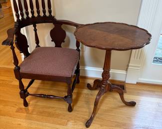 Antique Mahogany Upholstered Seat Corner Chair & Antique Carved Mahogany Tilt Top Pie Crust Table