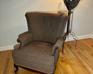 Dallas Mid-Century High Wingback Tufted Brown Armchair (37"D x 32"W x 35" Back Height) & Contemporary Metal And Pottery Floor Lamp (24"D x 56"H)