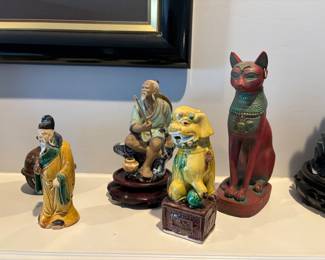 Chinese figures, sphinx cat, foo dog