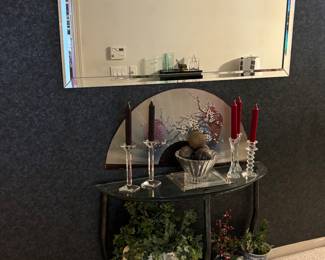 Half moon accent table, vases, large beveled mirror 