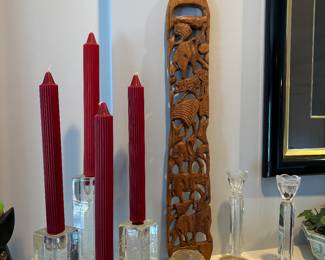Vintage African carved wood panel, candle holders