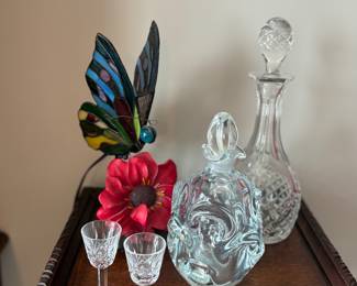 Crystal decanters, stemware, stained glass butterfly lamp