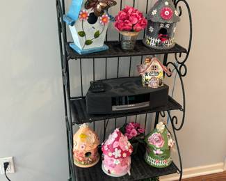 Lovely accent shelf, Bose radio with box, bird houses