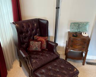 Beautiful leather chair with matching ottoman, art deco floor lamp