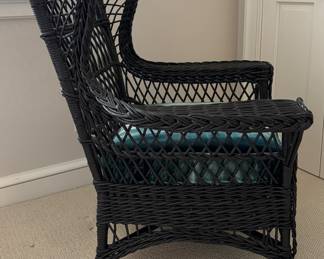 Ebony Wicker Arm Chair with Velour Ombre Blue / Green Upholstered Seat Cushion. Measures 32" W x 30" D x 40" H. Photo 2 of 5.