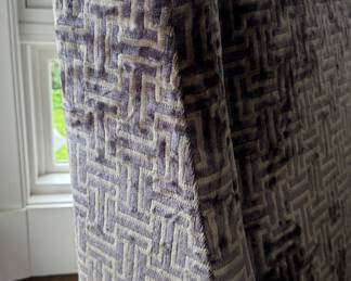 Luxury Tight-Back, Skirted Chaise with Left Armrest. Upholstered in Lavender Fabric. Measures 33" W x 60" D x 36" H. Photo 3 of 4.