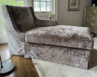 Luxury Tight-Back, Skirted Chaise with Left Armrest. Upholstered in Lavender Fabric. Measures 33" W x 60" D x 36" H. Photo 2 of 4.