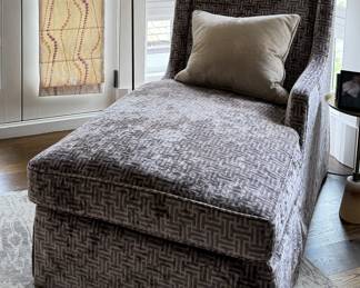 Luxury Tight-Back, Skirted Chaise with Left Armrest. Upholstered in Lavender Fabric. Measures 33" W x 60" D x 36" H. Photo 4 of 4.