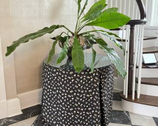 Custom Pleated Table Skirt in Lee Jofa Feline Ebony/Beige. Measures 38" D x 30" L.
