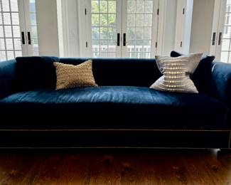 Century Blue Ultra-Suede Upholstered Chesterfield Style Sofa with Nailhead Trim.