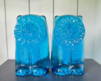 Pair of Blenko Turquoise Glass Lions.
