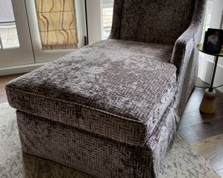 Luxury Tight-Back, Skirted Chaise with Left Armrest. Upholstered in Lavender Fabric. Measures 33" W x 60" D x 36" H. Photo 1 of 4.