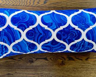 Lumbar Pillow Upholstered in Jim Thompson Royal Blue "Gemstone Grillwork" Fabric. Measures 32" x 13".
