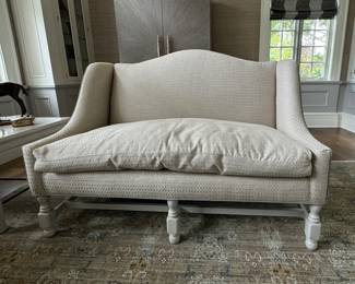 High-Back Down-Filled Settee Upholstered in Neutral Fabric with Light Grey Leather Trim. Measures 57" W x 34" D. Photo 1 of 4.