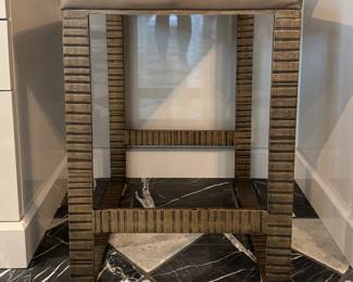 Set of 4 "Lauren" Counter Stools in Premium Iron Tarnished in Brass Finish. Leather Upholstered Seats (Three Shown). Measures 20" x 20" x 26" H. Photo 2 of 3.