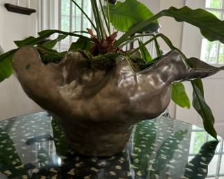 Silver Shell Double-Glazed Statement Bowl / Planter. Measures 29" W x 20" D x 14.5" H.