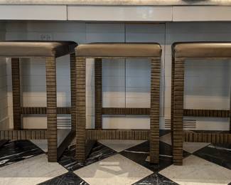 Set of 4 "Lauren" Counter Stools in Premium Iron Tarnished in Brass Finish. Leather Upholstered Seats (Three Shown). Measures 20" x 20" x 26" H. Photo 1 of 3.